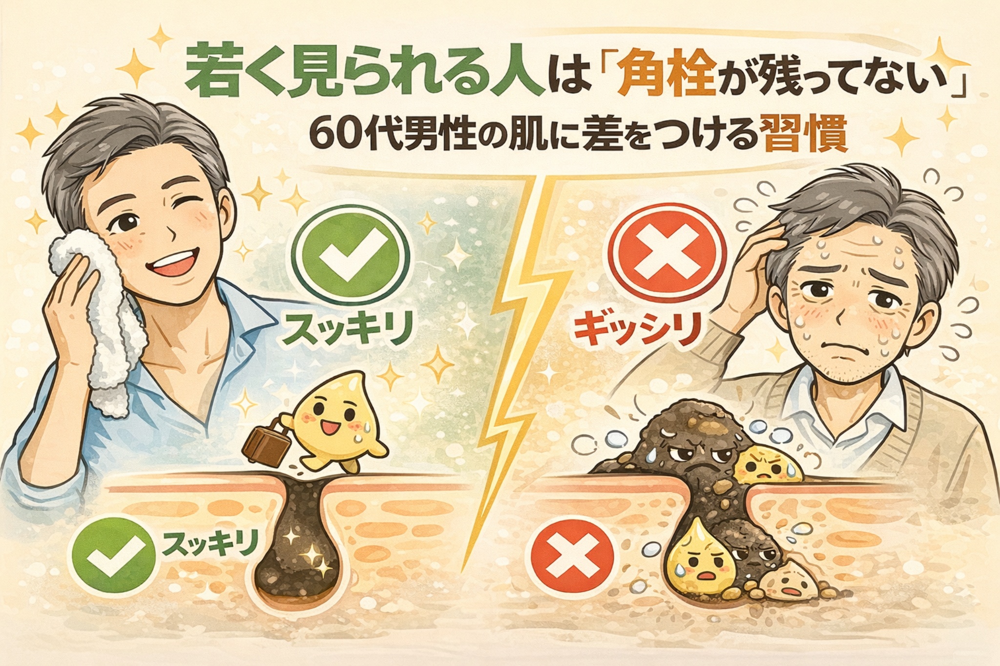 60代男性の肌ケアを比較したイラスト。角栓が残らず毛穴がスッキリした肌は若々しく見える一方、角栓が詰まったままの肌はくすんで疲れた印象になる様子を対比で表現し、年齢差が出る習慣の重要性を分かりやすく解説している。