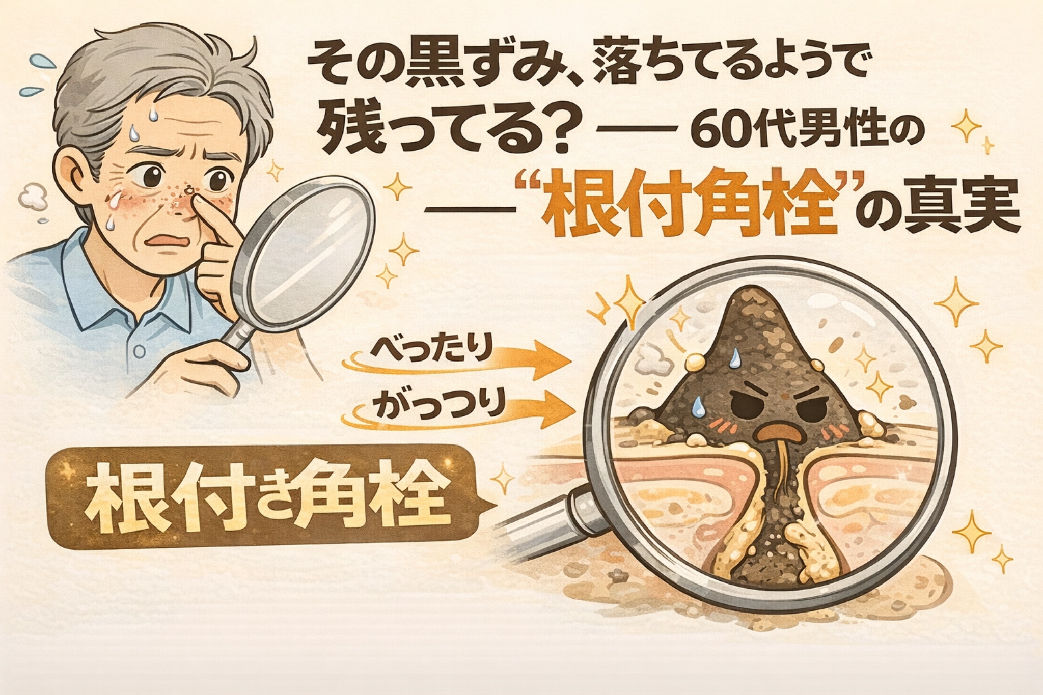 60代男性の鼻の黒ずみが落ちたようで残って見える理由を解説する図解イラスト。表面は平らでも毛穴の奥に残る“根付き角栓”の構造を、鏡で確認する男性と拡大図で示している。