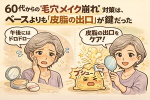 60代から起きやすい毛穴メイク崩れの原因と対策を解説するイラスト。午後になると皮脂でファンデーションがドロドロになる様子と、ベースメイクよりも「皮脂の出口」をケアすることで改善を目指す考え方を、鏡を見る女性と擬人化された皮脂の図解でわかりやすく表現している。