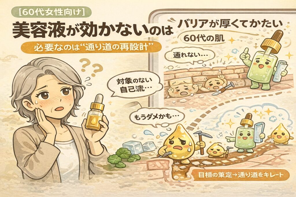 【60代女性向け】美容液が効かない原因を、肌バリアが厚く硬くなり成分が通らない構造として解説した図解イラスト。自己流ケアに悩む女性と、通り道を再設計することで美容成分が届くようになる流れを、擬人化キャラクターと断面図で示している。