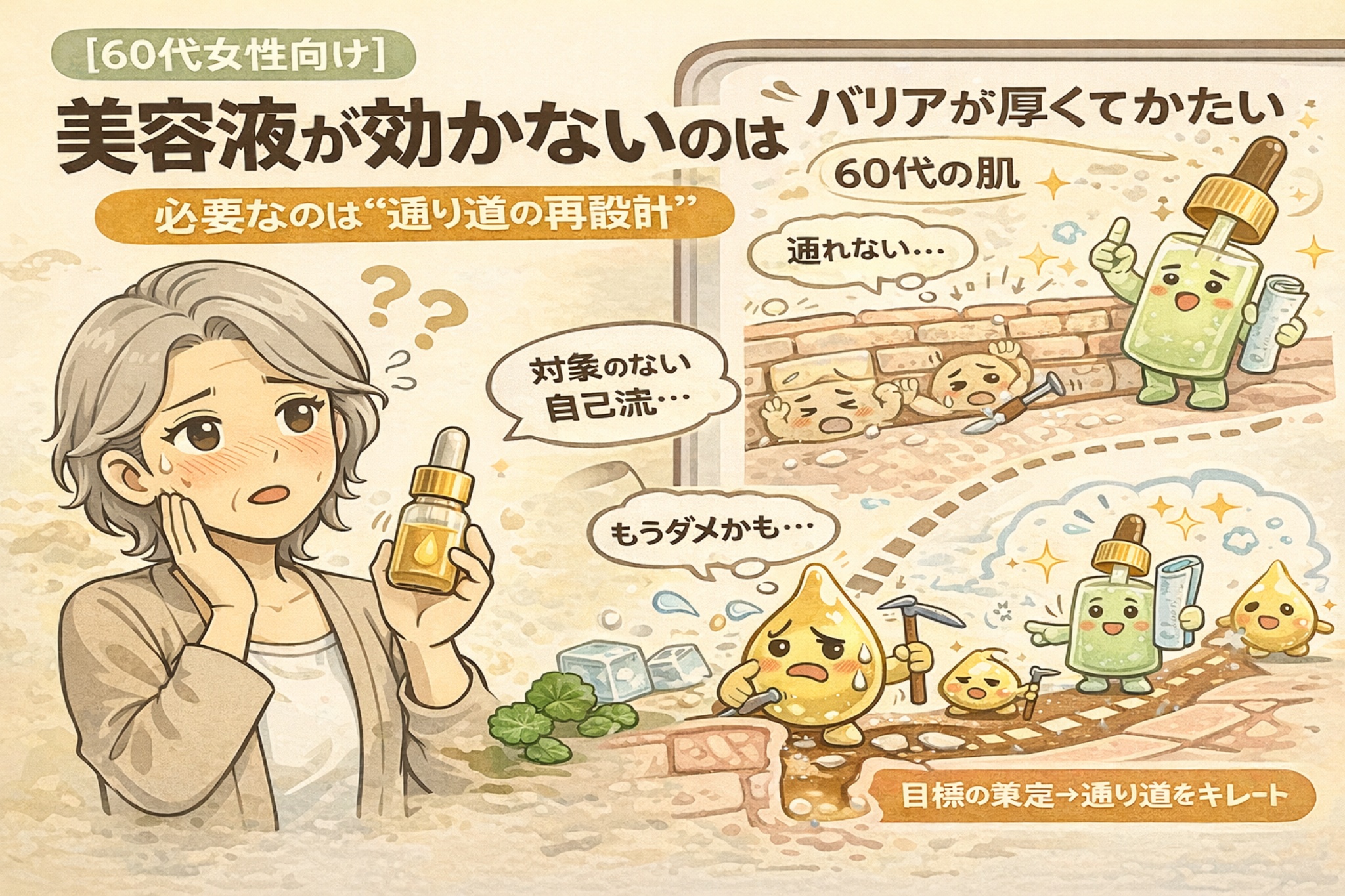 【60代女性向け】美容液が効かない原因を、肌バリアが厚く硬くなり成分が通らない構造として解説した図解イラスト。自己流ケアに悩む女性と、通り道を再設計することで美容成分が届くようになる流れを、擬人化キャラクターと断面図で示している。