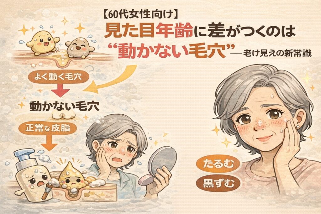 【60代女性向け】見た目年齢に差がつく原因を「動かない毛穴」という視点で解説した図解イラスト。皮脂の流れが弱くなり毛穴が動かなくなることで、たるみや黒ずみが目立ちやすくなる構造を、毛穴断面図と女性の表情変化で示している。
