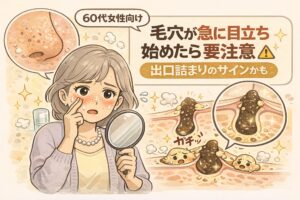 60代女性の毛穴悩みをテーマにしたイラスト。急に毛穴が目立ち始めた状態を描き、原因として毛穴の出口詰まりが起きている可能性を、角栓の断面図とともにわかりやすく解説している。