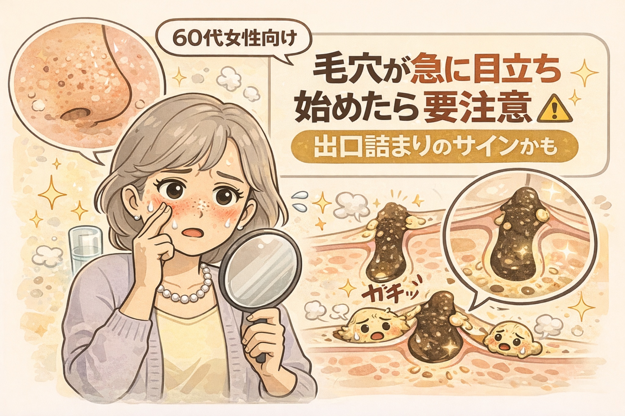 60代女性の毛穴悩みをテーマにしたイラスト。急に毛穴が目立ち始めた状態を描き、原因として毛穴の出口詰まりが起きている可能性を、角栓の断面図とともにわかりやすく解説している。