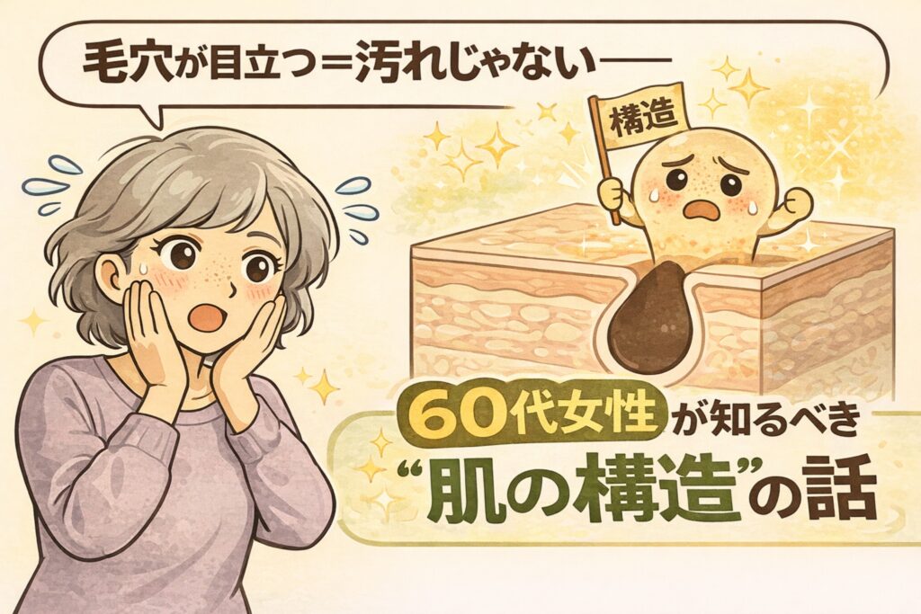毛穴が目立つのは汚れではなく肌の構造によるものだと解説するイラスト。60代女性が毛穴の見え方に驚く様子と、角栓が詰まった毛穴断面図を通して、年齢とともに変化する肌構造を正しく理解する重要性を分かりやすく伝えている。