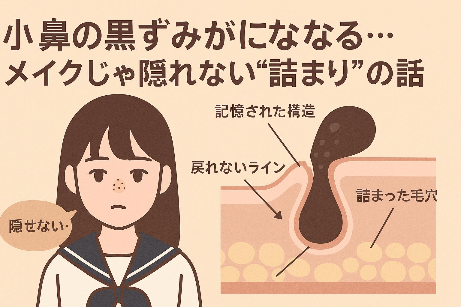 セーラー服の女子高生が正面を向いており、「隠せない」とつぶやく。右側には構造変化した詰まり毛穴の断面図が描かれ、「戻れないライン」「記憶された構造」などが示されている。