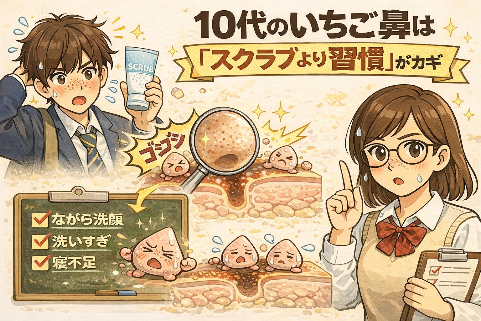 男子学生が洗顔している様子と、いちご鼻は洗顔だけでは改善しないことを示す図解イラスト。「いちご鼻って、実は洗顔じゃどうにもならないって知ってた？」という見出しのもと、泡で洗っても毛穴の奥に残る角栓が拡大図で描かれている。擬人化された洗顔料やタオルと、毛穴断面の角栓の対比によって、洗顔のみのケアの限界を分かりやすく伝える教育用ビジュアル。