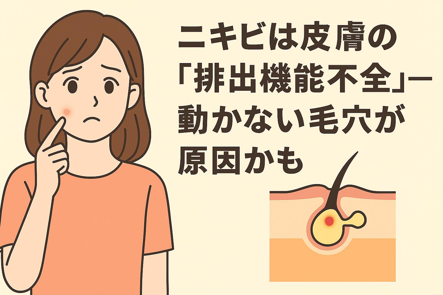 赤ニキビを気にする女性が頬を指で触れながら困った表情を見せるイラスト。右側には「ニキビは皮膚の“排出機能不全”──動かない毛穴が原因かも」という日本語の見出しと、排出されず詰まった皮脂の断面図が描かれている。