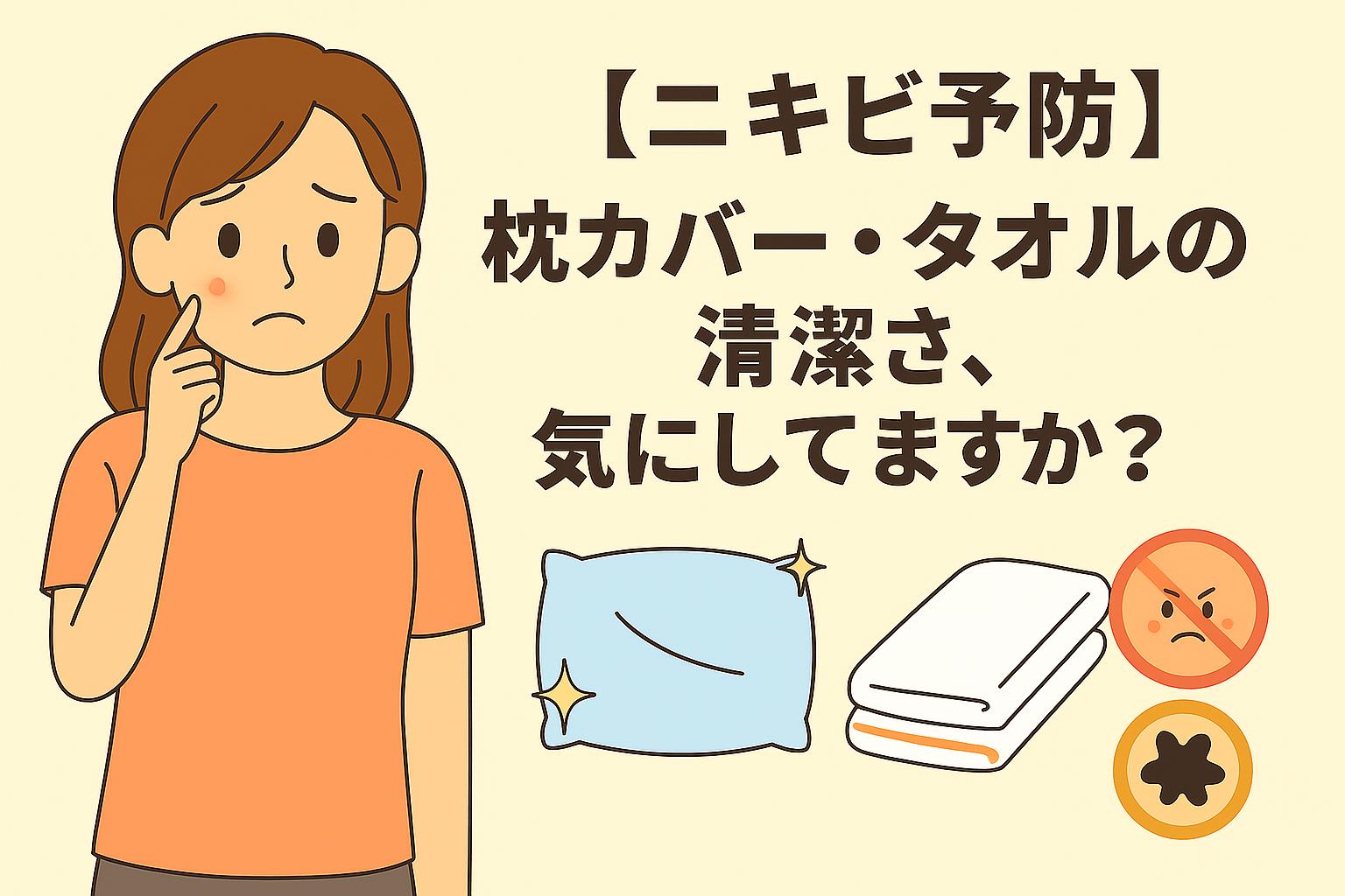 頬にニキビがある女性が不安げに顔を触る様子。右側には「枕カバー・タオルの清潔さ、気にしてますか？」という問いとともに、清潔な枕やタオル、怒った顔や雑菌を示すアイコンが配置されたフラットスタイルの画像。