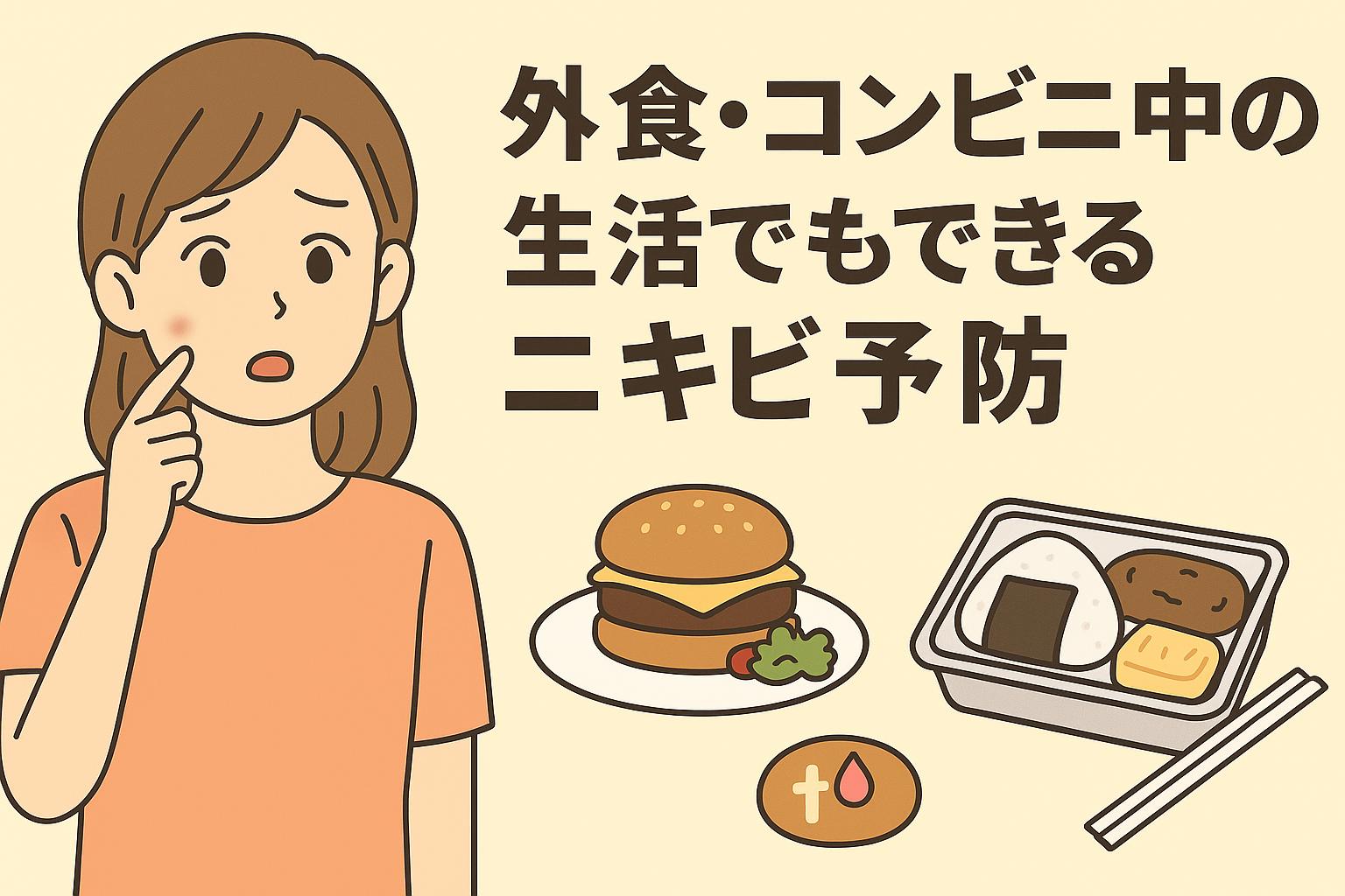 心配そうな表情の女性がニキビを指差すイラスト。右側にはハンバーガーやコンビニ弁当のアイコンが並び、「外食・コンビニ中の生活でもできるニキビ予防」と書かれた日本語の見出しが配置されている。
