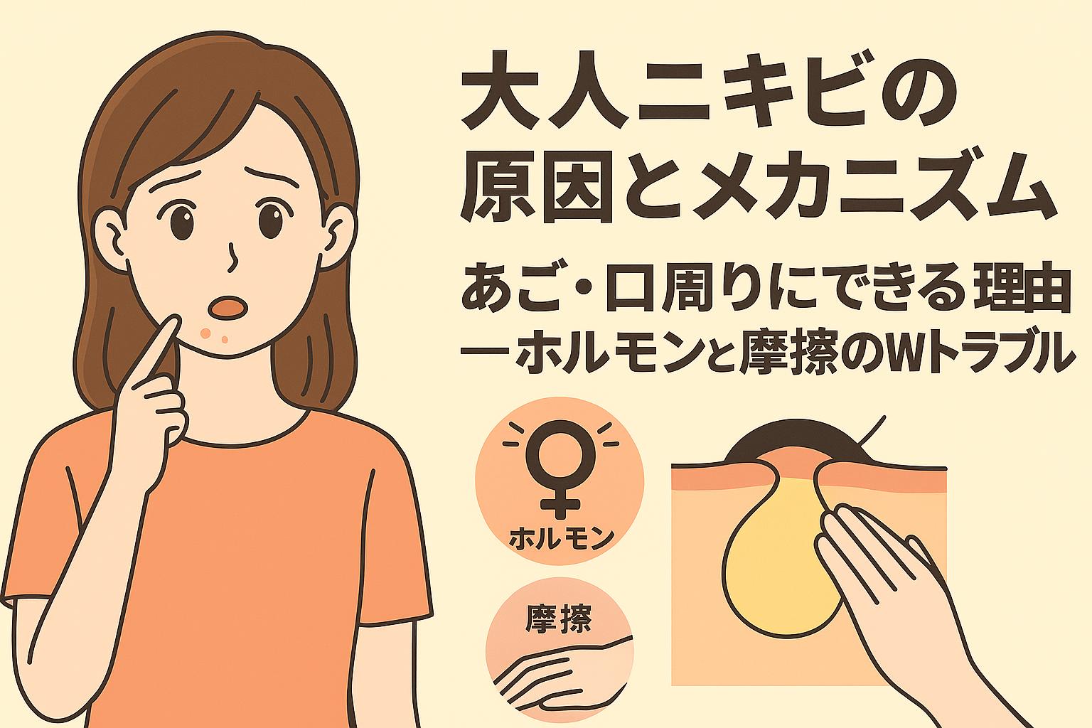 あごにニキビができた女性が困った表情で指を当てているイラスト。右側には「大人ニキビの原因とメカニズム──あご・口周りにできる理由 ホルモンと摩擦のWトラブル」というタイトルと、ホルモンマーク・摩擦アイコン・毛穴断面図が描かれている。