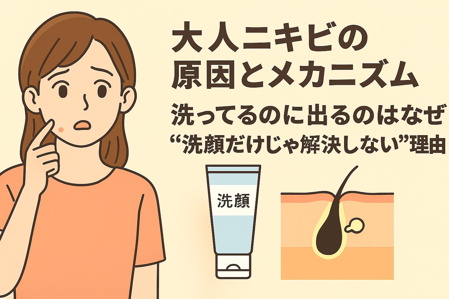 頬にニキビができた女性が不安そうに触れているイラスト。右側には「大人ニキビの原因とメカニズム──洗ってるのに出るのはなぜ？“洗顔だけじゃ解決しない”理由」のテキストと、洗顔チューブ・毛穴詰まりの図解が描かれている。