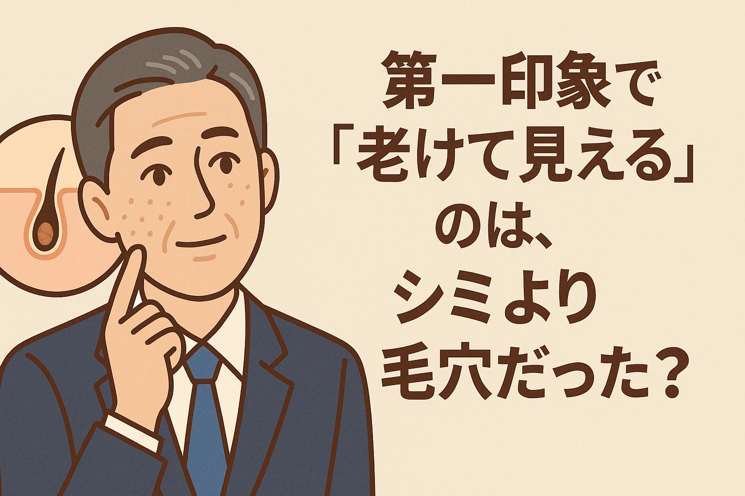 60代男性が第一印象に関して頬を指で触れながら考える様子を描いたイラスト。顔には毛穴の目立ちが表現され、左側の吹き出しには毛穴の詰まりを示す断面図が配置されている。右側には「第一印象で『老けて見える』のは、シミより毛穴だった？」という太字の日本語テキストが表示されており、年齢印象における毛穴の影響を示唆する構成。
