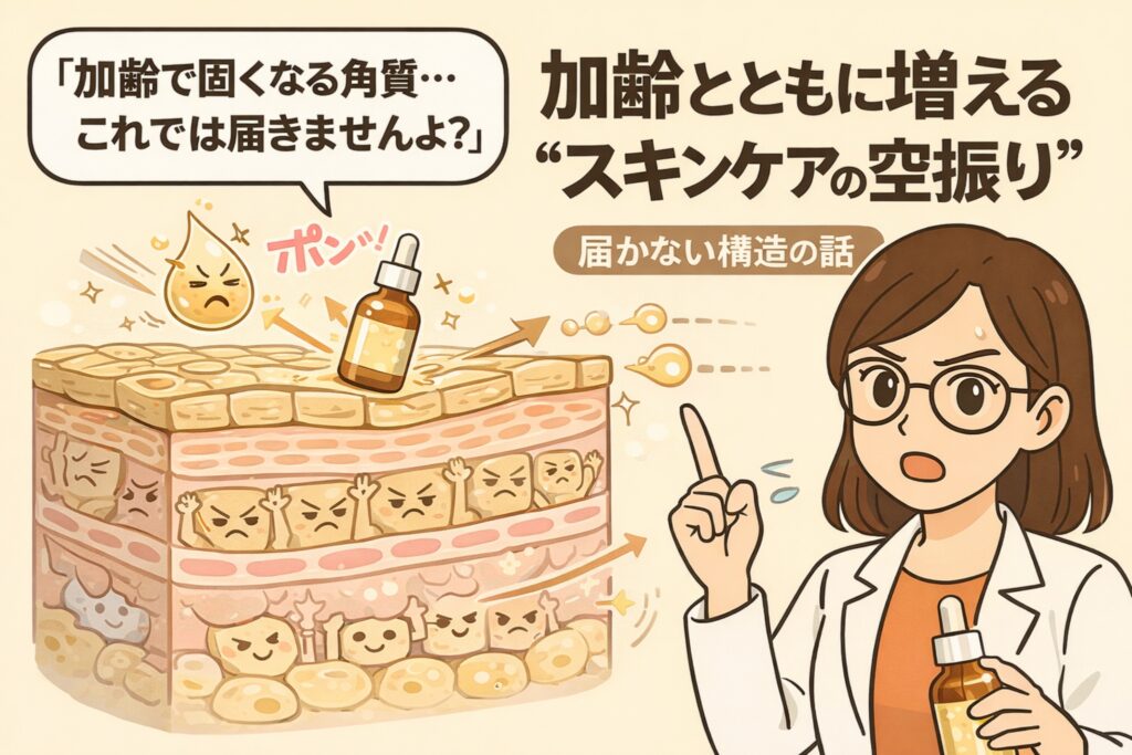 加齢によって角質が厚く硬くなり、スキンケア成分が肌内部に届きにくくなる構造を解説したイラスト。美容液が表面ではじかれ、角質層の細胞たちがブロックしている様子と、白衣と眼鏡の女性が「スキンケアの空振り」について説明している場面が描かれている。