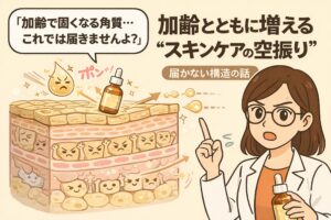 加齢によって角質が厚く硬くなり、スキンケア成分が肌内部に届きにくくなる構造を解説したイラスト。美容液が表面ではじかれ、角質層の細胞たちがブロックしている様子と、白衣と眼鏡の女性が「スキンケアの空振り」について説明している場面が描かれている。