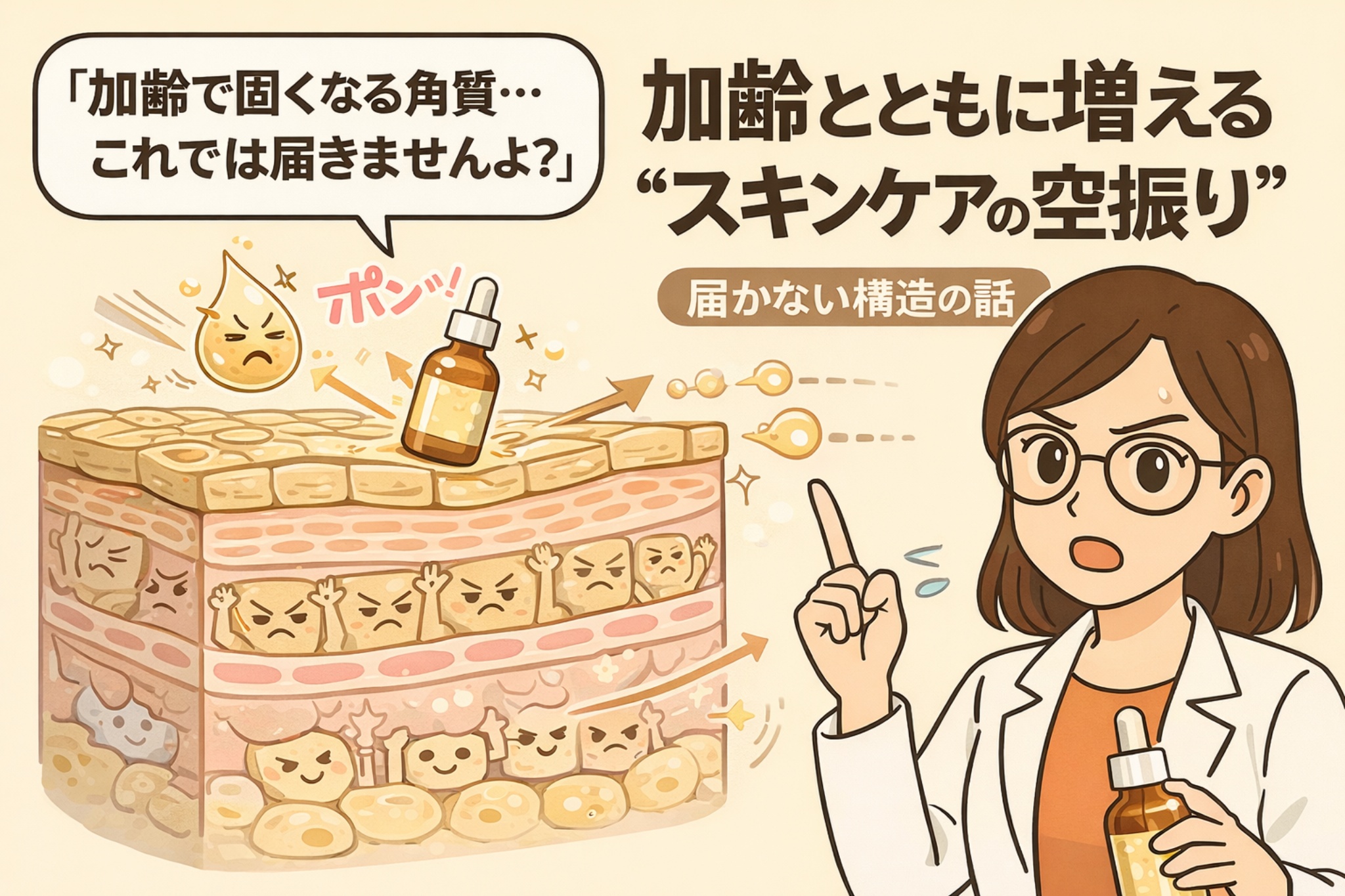加齢によって角質が厚く硬くなり、スキンケア成分が肌内部に届きにくくなる構造を解説したイラスト。美容液が表面ではじかれ、角質層の細胞たちがブロックしている様子と、白衣と眼鏡の女性が「スキンケアの空振り」について説明している場面が描かれている。