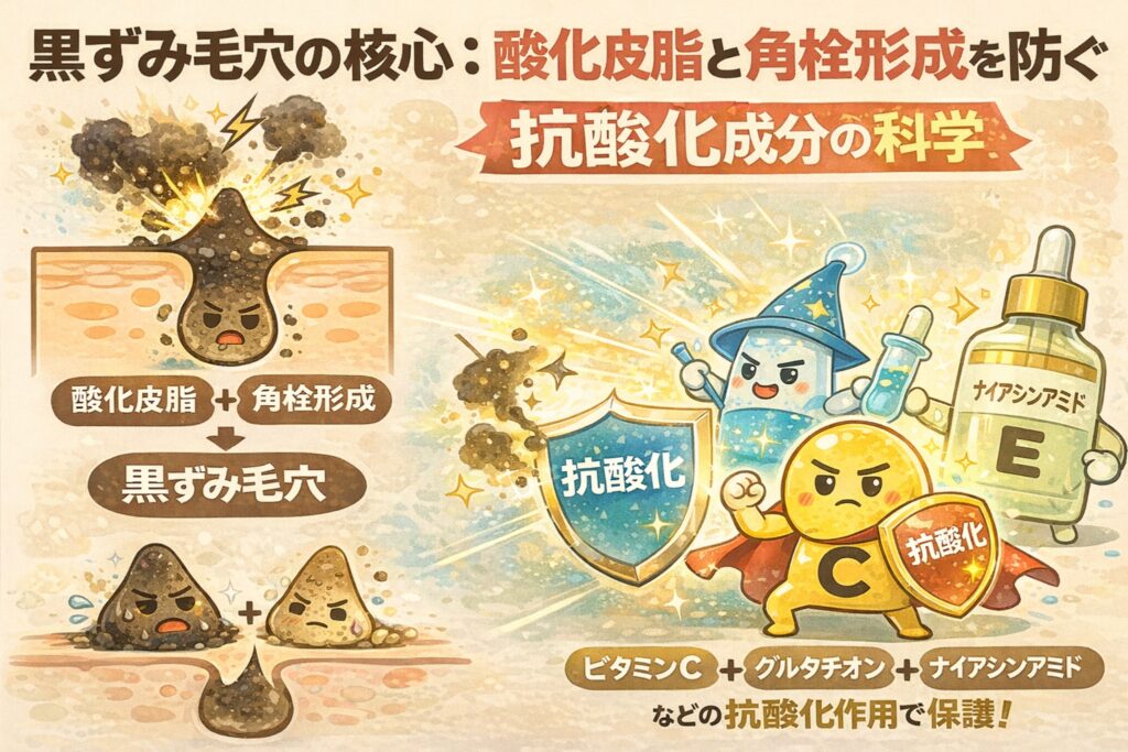 黒ずみ毛穴の原因である「酸化皮脂」と「角栓形成」の関係を解説し、抗酸化成分の働きを示したイラスト。酸化して黒ずむ毛穴の断面図と、ビタミンC・グルタチオン・ナイアシンアミドなどの抗酸化成分が盾となって皮脂の酸化を防ぐ様子を、擬人化キャラクターで分かりやすく表現している。