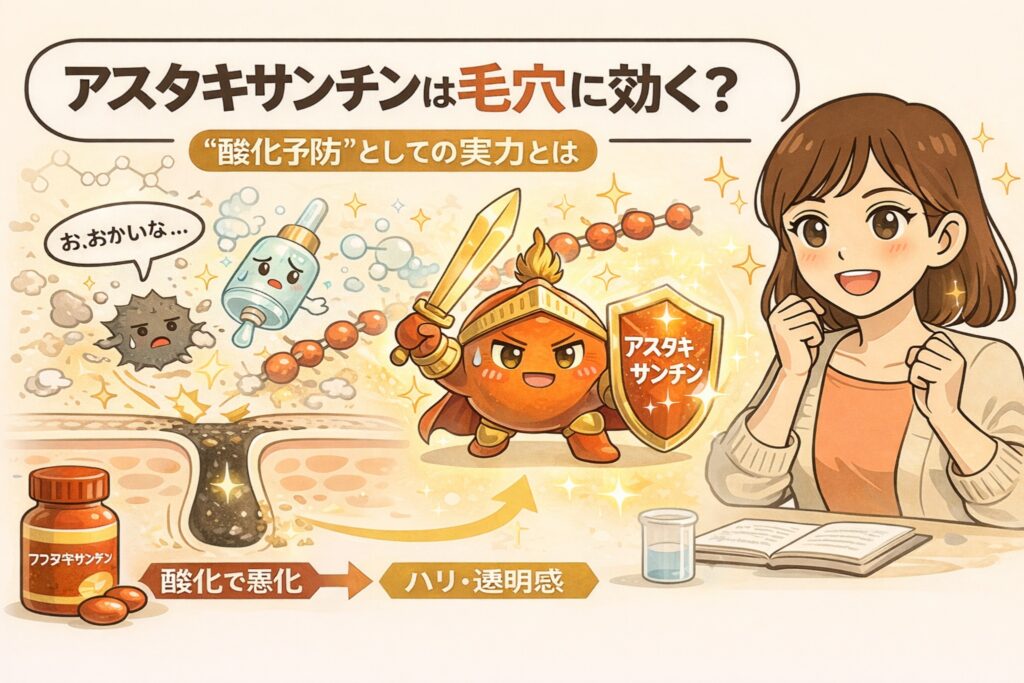 アスタキサンチンは毛穴に効くのかを、「酸化予防」という観点から解説するイラスト。毛穴内部で進む酸化の様子と、剣と盾を持ったアスタキサンチンの擬人化キャラクターがそれを防ぐ構図、成分を学ぶ女性の姿を通して、毛穴の酸化とハリ・透明感の関係をわかりやすく表現している。