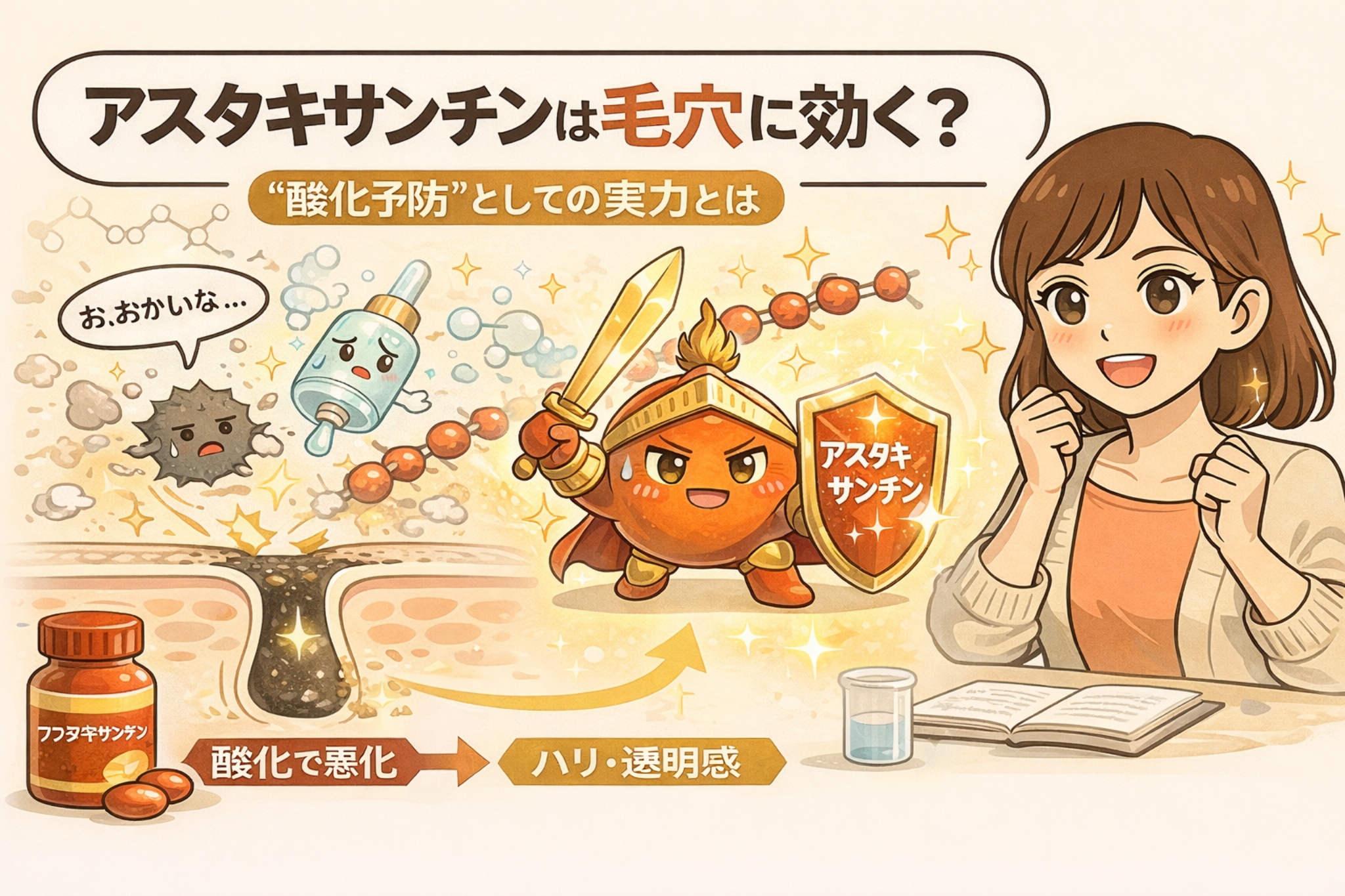 アスタキサンチンは毛穴に効くのかを、「酸化予防」という観点から解説するイラスト。毛穴内部で進む酸化の様子と、剣と盾を持ったアスタキサンチンの擬人化キャラクターがそれを防ぐ構図、成分を学ぶ女性の姿を通して、毛穴の酸化とハリ・透明感の関係をわかりやすく表現している。