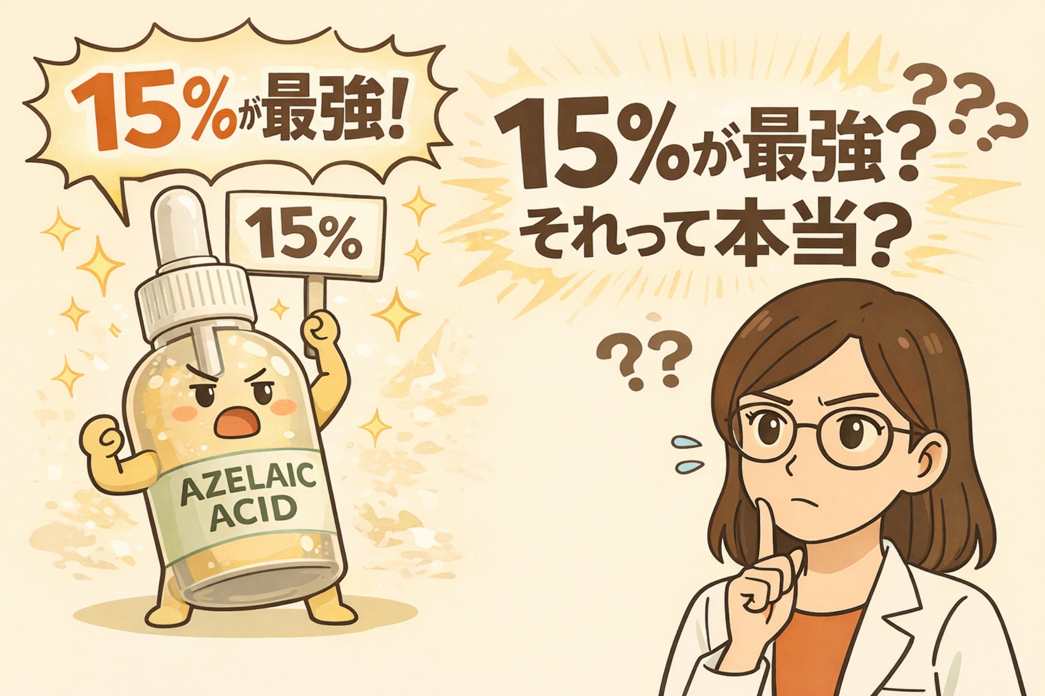 アゼライン酸は「15％が最強」という説が本当かどうかを問いかける図解イラスト。左側では「15％が最強！」と書かれた看板を掲げ、力強く主張するアゼライン酸ボトルの擬人化キャラクターが描かれている。右側には白衣を着た専門家の女性が疑問符を浮かべながら考え込む姿があり、「15％が最強？それって本当？」という問いが示されている。濃度の高さ＝効果の強さとは限らない可能性を示唆し、濃度選びの考え方を促す構成になっている。