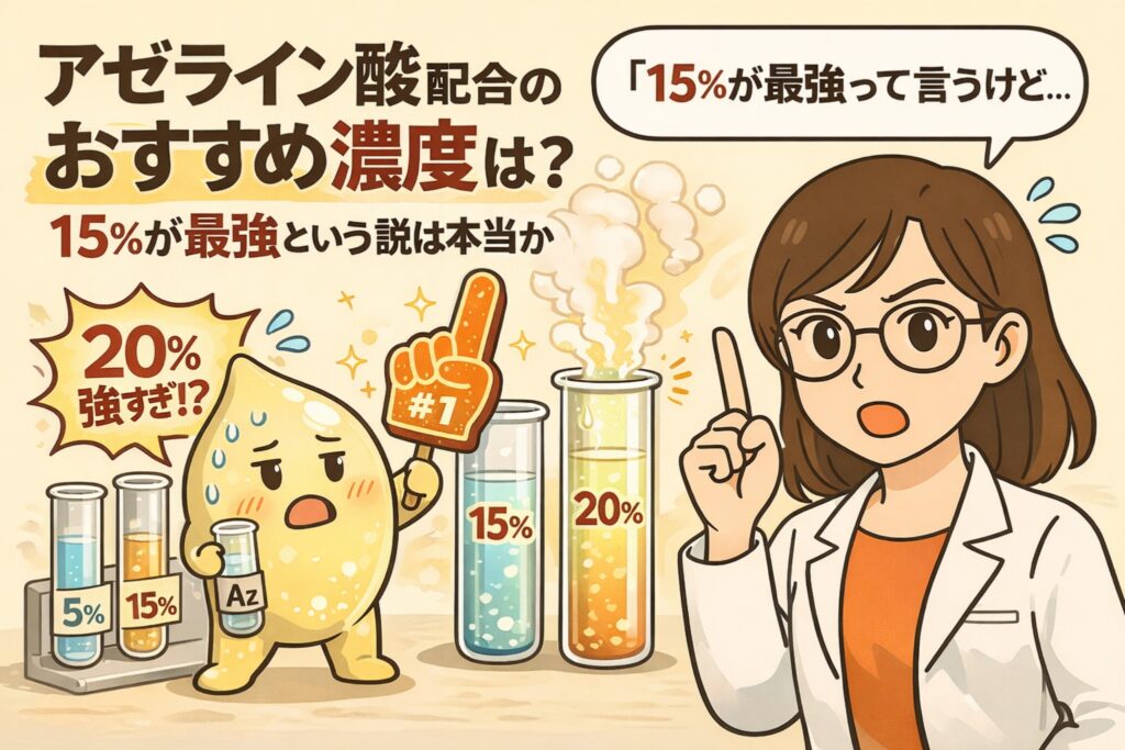 アゼライン酸配合のおすすめ濃度について、15％が最強という説の真偽を検証する図解イラスト。5％・15％・20％の濃度を試験管で比較し、擬人化されたアゼライン酸成分と白衣の女性が解説している。