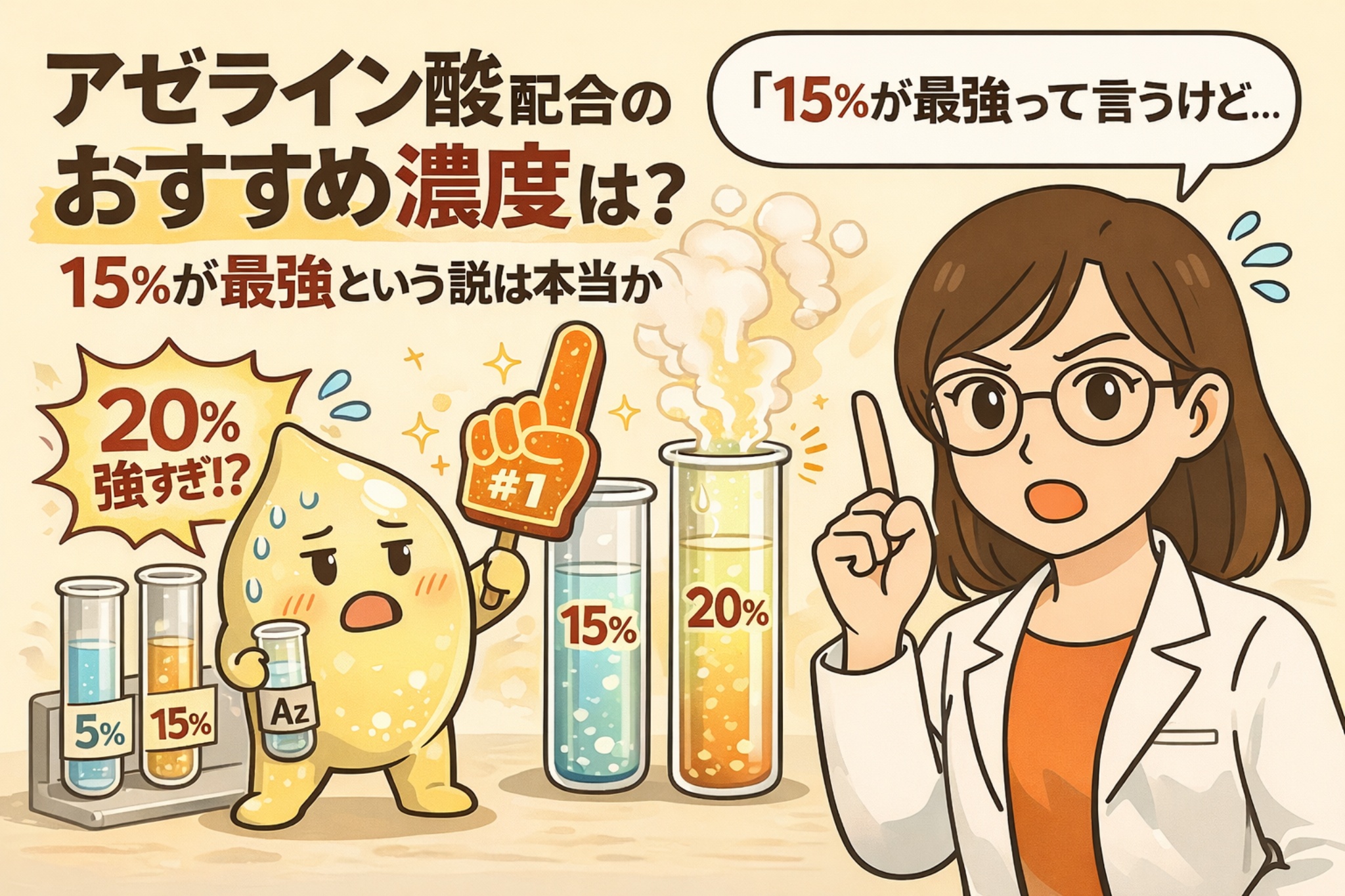 アゼライン酸配合のおすすめ濃度について、15％が最強という説の真偽を検証する図解イラスト。5％・15％・20％の濃度を試験管で比較し、擬人化されたアゼライン酸成分と白衣の女性が解説している。