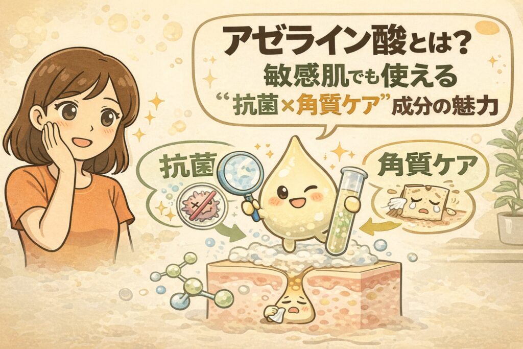 アゼライン酸の特徴を解説するイラスト。敏感肌でも使いやすい成分として、抗菌作用と角質ケアの2つの働きを擬人化キャラクターで表現。毛穴断面図では、角質の乱れを整えながら肌環境を清潔に保つ様子が描かれ、左側には頬に触れて安心した表情の女性が配置されている。刺激が比較的穏やかな“抗菌×角質ケア”成分の魅力を伝える構図。