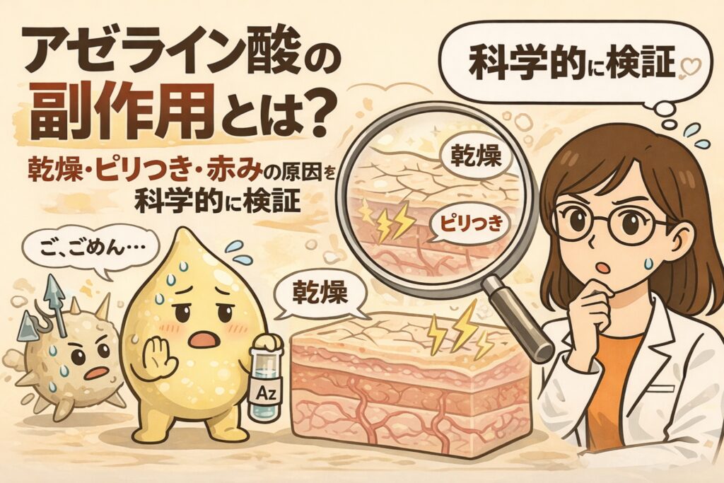 アゼライン酸の副作用について、乾燥・ピリつき・赤みが起こる理由を科学的に解説するイラスト。肌断面図を拡大して刺激や乾燥が生じる仕組みを示し、アゼライン酸の特性を検証する白衣の女性と、成分キャラクターを通して注意点をわかりやすく表現している。
