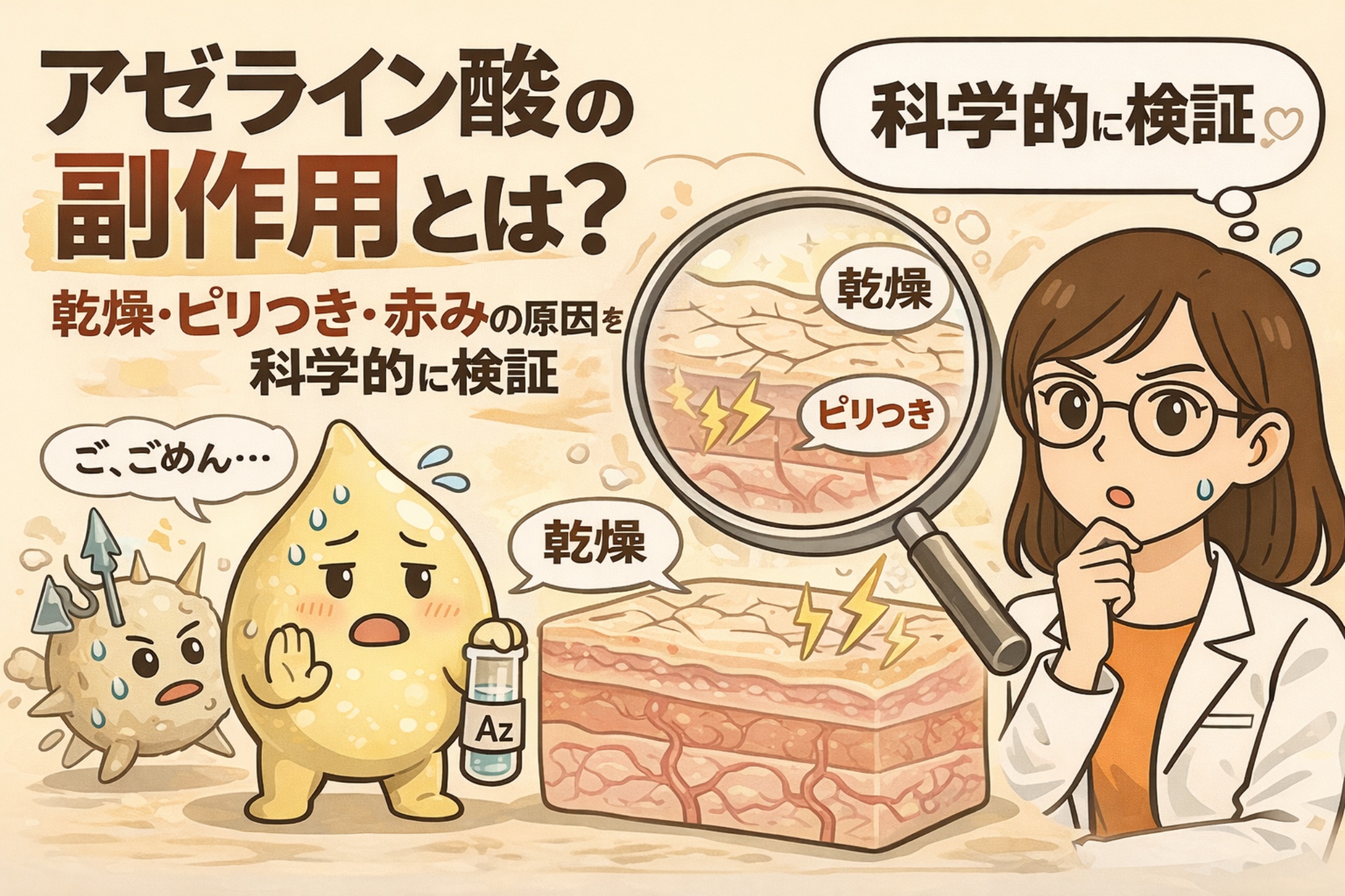 アゼライン酸の副作用について、乾燥・ピリつき・赤みが起こる理由を科学的に解説するイラスト。肌断面図を拡大して刺激や乾燥が生じる仕組みを示し、アゼライン酸の特性を検証する白衣の女性と、成分キャラクターを通して注意点をわかりやすく表現している。