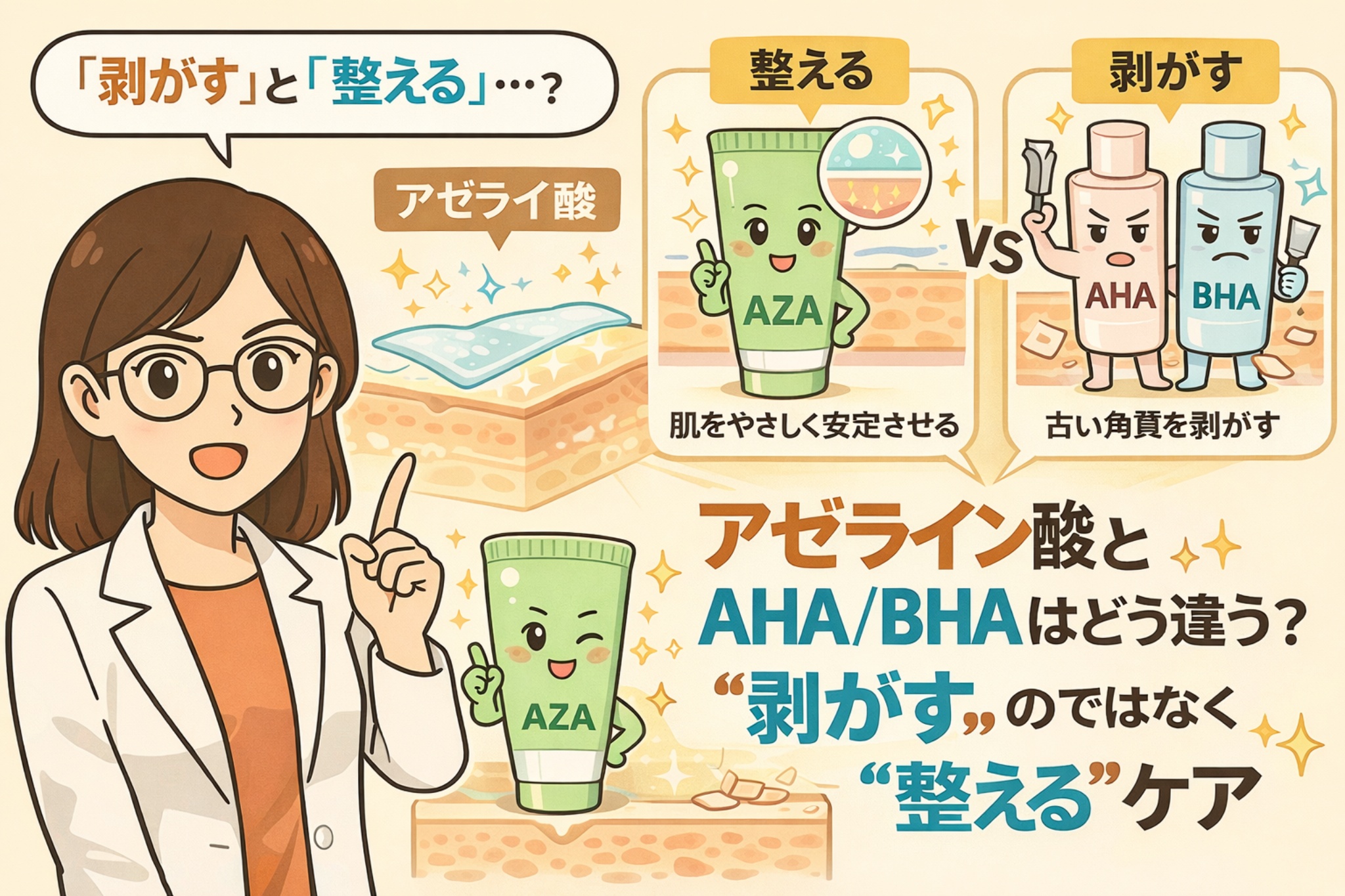 アゼライン酸とAHA/BHAの違いを「剥がすケア」と「整えるケア」の視点で比較したイラスト。AHA・BHAは古い角質を除去するアプローチ、アゼライン酸は肌をやさしく安定させて角質環境を整える考え方であることを、断面図とキャラクターでわかりやすく解説している。