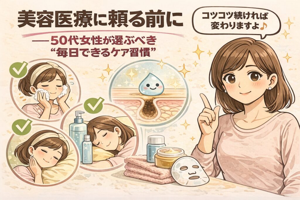 50代女性が美容医療に頼る前に選ぶべき毎日できるスキンケア習慣を描いたイラスト。洗顔・保湿・睡眠などの基本ケアと、毛穴断面の図解、指差しでアドバイスする女性の姿が描かれており、「コツコツ続ければ変わる」ことを伝えている。