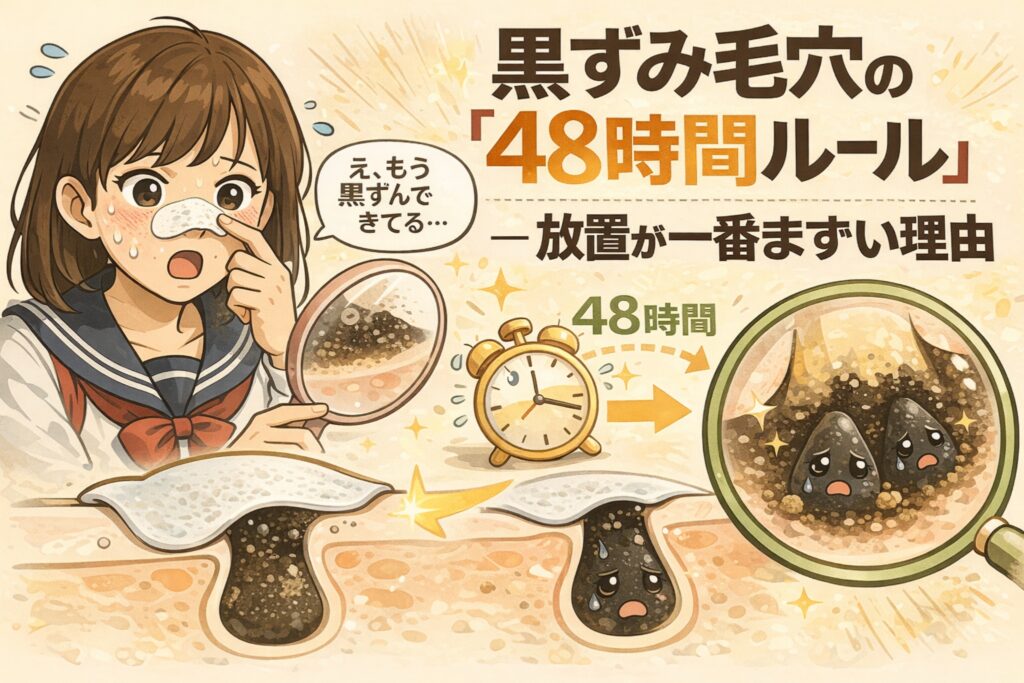 黒ずみ毛穴の「48時間ルール」を解説する図解イラスト。鼻の毛穴を気にする女子学生が、毛穴パック後に時間が経過し、48時間で皮脂が酸化して黒ずみが再発する様子を確認している。中央には時計で48時間の経過が示され、右側の拡大図では毛穴内で角栓が黒く固まり定着する様子が描かれている。放置が黒ずみを悪化させる理由を視覚的に伝えるビジュアル。