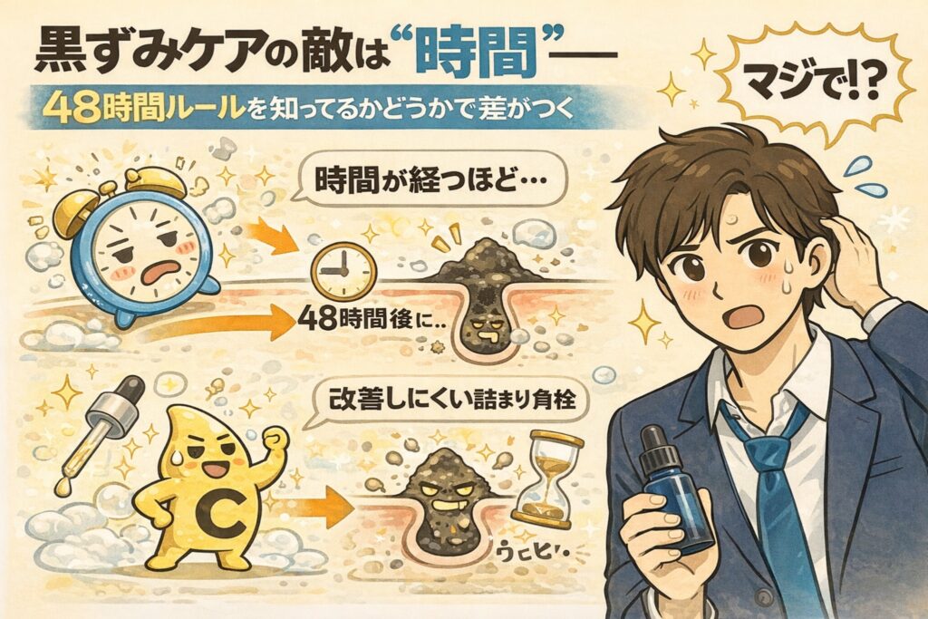 黒ずみケアの敵は「時間」であり、皮脂が48時間経過すると角栓として固まりやすくなる仕組みを解説した図解イラスト。時間経過による酸化と詰まりの進行を、時計や毛穴断面図で分かりやすく示している。