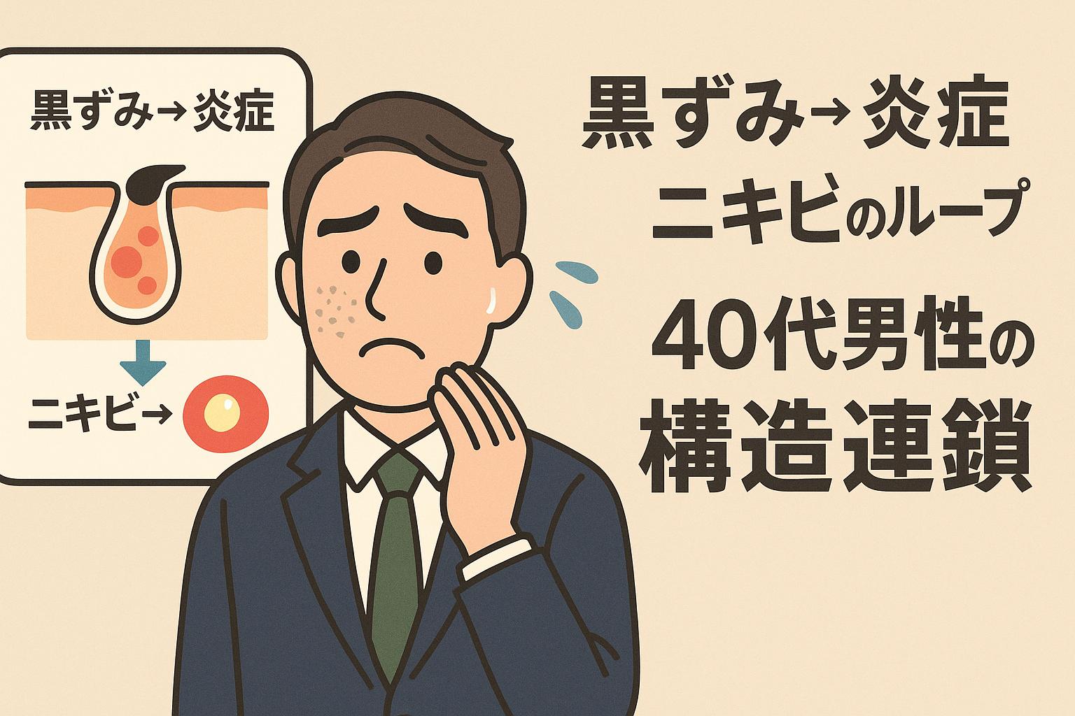 黒ずみ毛穴から炎症、そしてニキビへとつながる構造連鎖を表現した40代男性向けのイラスト。ネイビーのスーツを着た男性が不安げに頬を触れ、左側には「黒ずみ→炎症→ニキビ」の段階を示す毛穴断面図と矢印が描かれている。右側には「黒ずみ→炎症 ニキビのループ 40代男性の構造連鎖」という太字のテキストが配置され、皮脂トラブルの悪化スパイラルに対する気づきを促す構成。