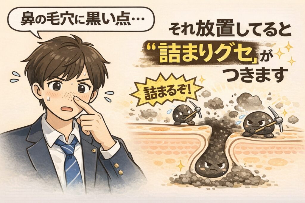 鼻の毛穴に黒い点ができて悩む男性のイラスト。黒ずみを放置すると皮脂や汚れが「詰まりグセ」として定着していく様子を、毛穴断面図と擬人化された角栓キャラクターで表現し、毛穴詰まりが進行するリスクをわかりやすく伝えている毛穴ケア解説画像。