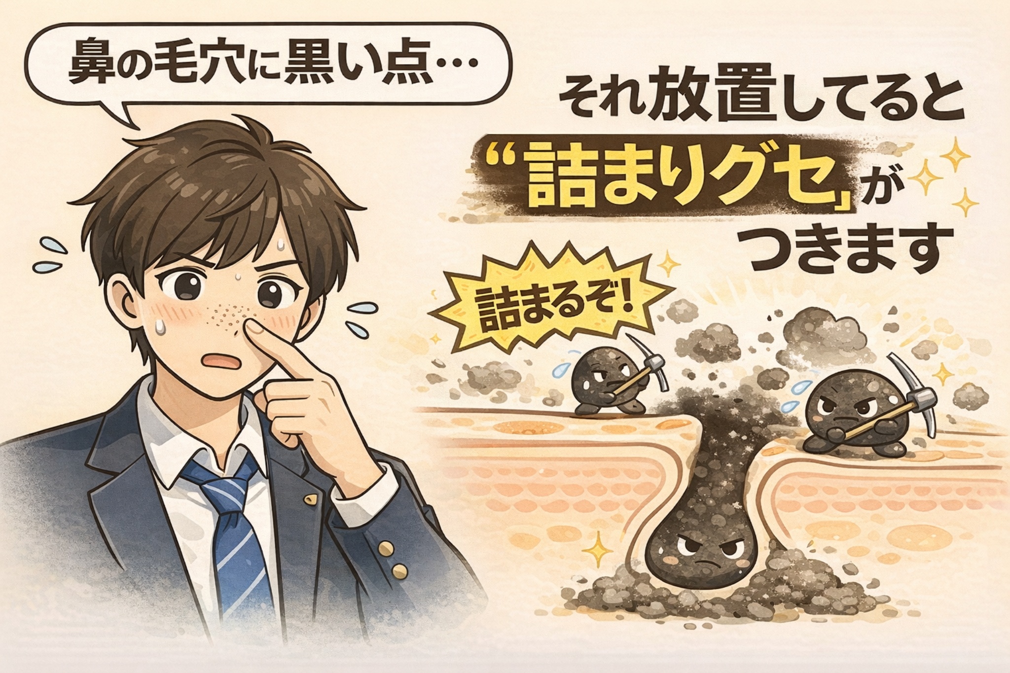 鼻の毛穴に黒い点ができて悩む男性のイラスト。黒ずみを放置すると皮脂や汚れが「詰まりグセ」として定着していく様子を、毛穴断面図と擬人化された角栓キャラクターで表現し、毛穴詰まりが進行するリスクをわかりやすく伝えている毛穴ケア解説画像。