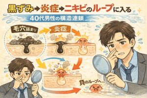 黒ずみから炎症、ニキビへと進行する40代男性の毛穴トラブルの構造連鎖を解説する図解イラスト。毛穴詰まり→炎症→悪化を繰り返す負のループを毛穴断面で示し、鏡で鼻を確認して悩むスーツ姿の男性が描かれている。