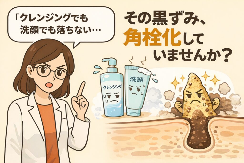 クレンジングや洗顔でも落ちない黒ずみの正体が、角栓として角栓化している状態であることを解説した図解イラスト。洗浄では除去できない角栓構造を、毛穴断面とキャラクターで分かりやすく示している。