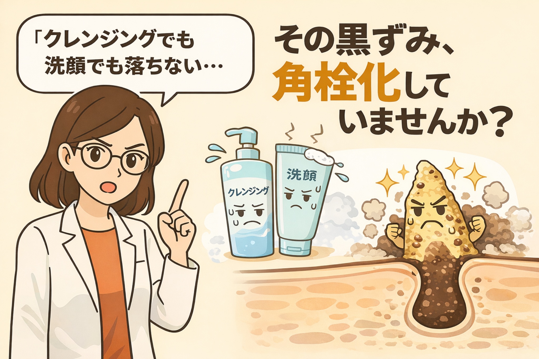クレンジングや洗顔でも落ちない黒ずみの正体が、角栓として角栓化している状態であることを解説した図解イラスト。洗浄では除去できない角栓構造を、毛穴断面とキャラクターで分かりやすく示している。