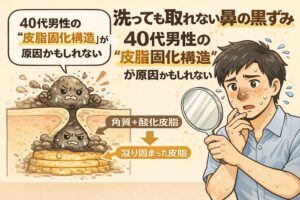 40代男性の鼻の黒ずみが洗っても取れない理由を解説するイラスト。鏡を見て悩む男性とともに、毛穴断面図で「角質＋酸化皮脂」が重なり、時間とともに凝り固まった皮脂構造（皮脂固化構造）になる様子を図解している。年齢とともに起こる皮脂の性質変化が黒ずみの原因かもしれないことを示している。