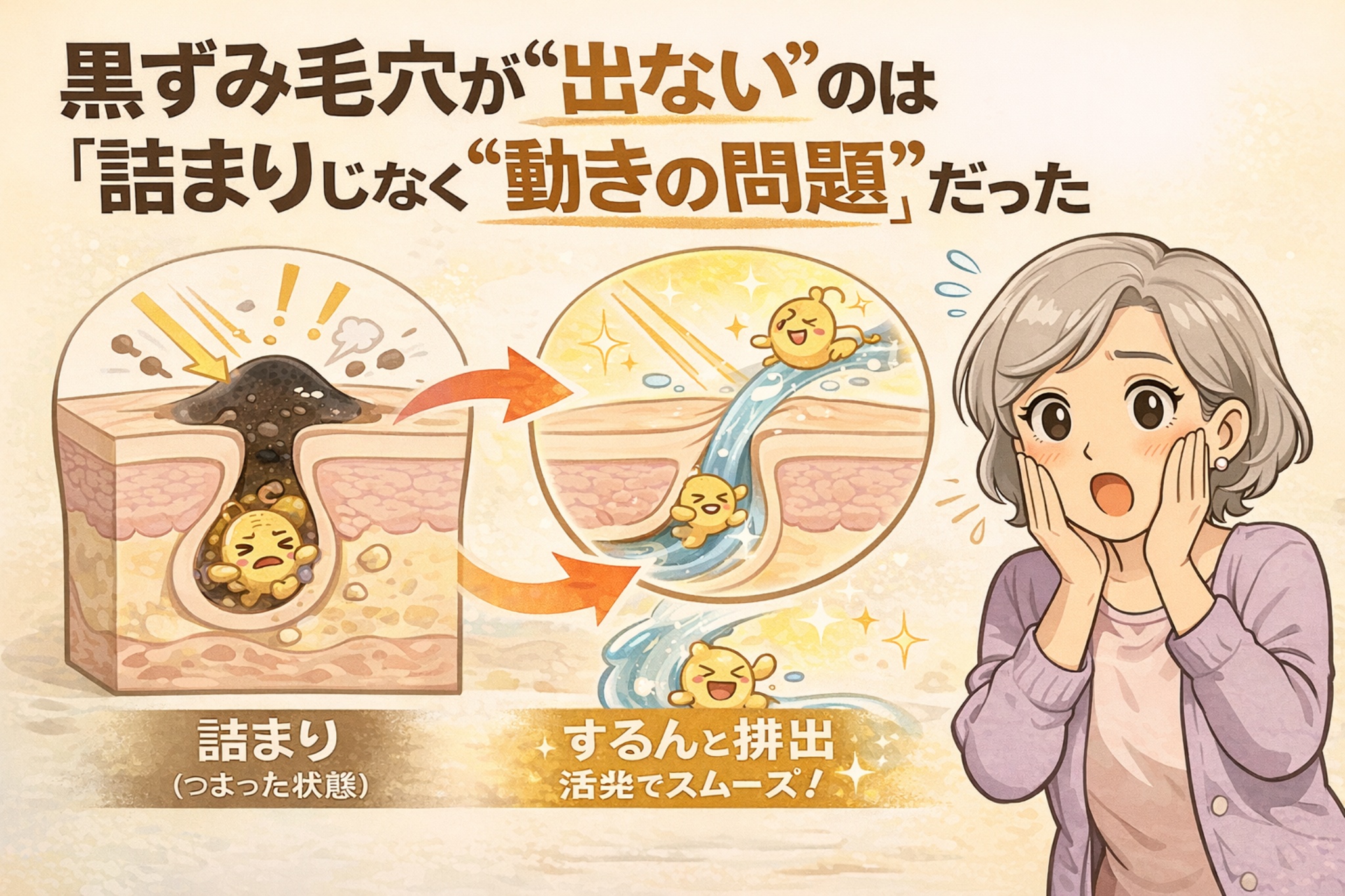 黒ずみ毛穴ができる原因は「詰まり」ではなく皮脂や角質の“動き”の問題であることを示す図解イラスト。詰まって停滞した状態と、流れてスムーズに排出される状態を毛穴断面で比較し、驚く女性の表情とともに説明している。