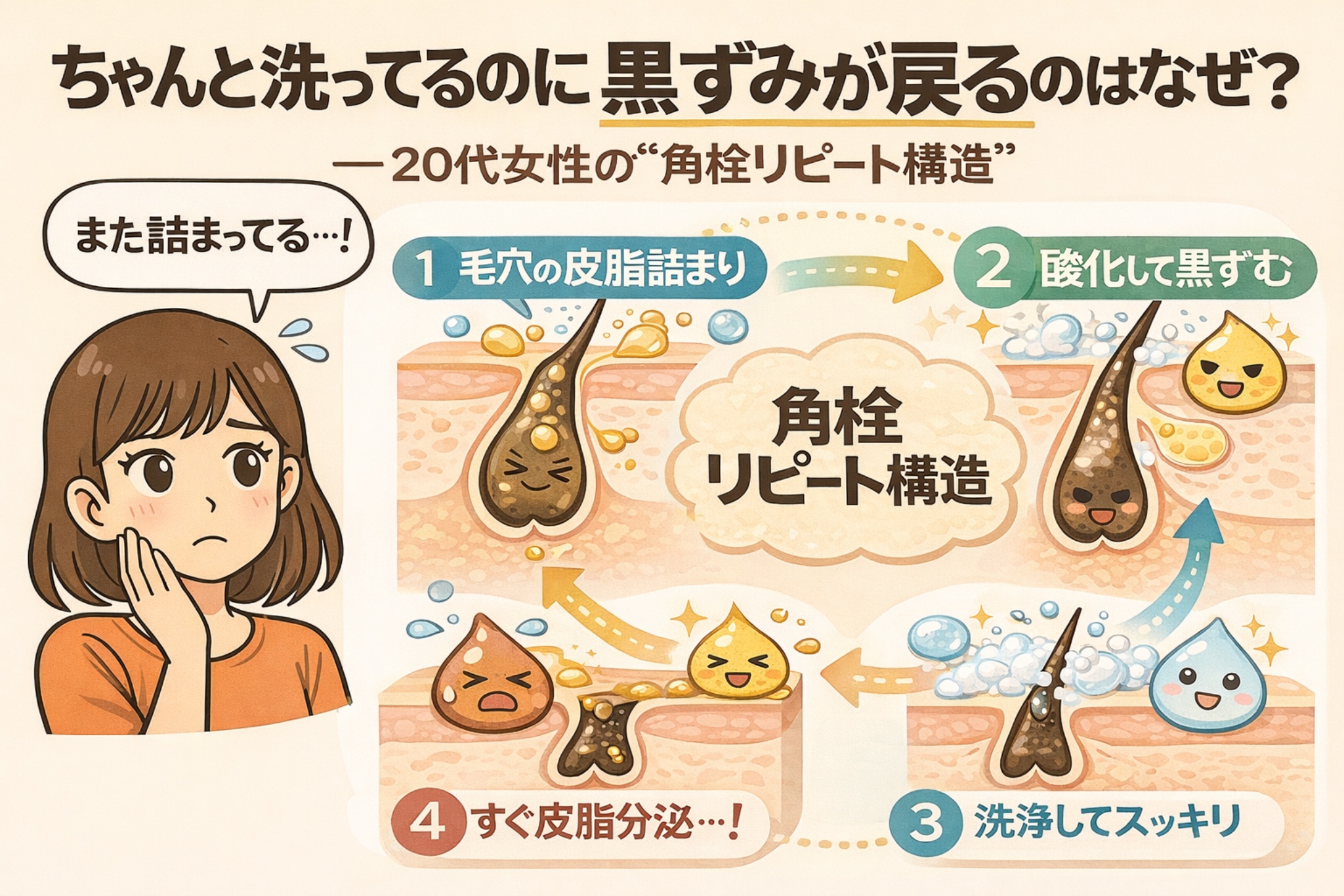 ちゃんと洗顔しているのに黒ずみが戻る理由を解説した図解イラスト。20代女性の角栓リピート構造として、毛穴の皮脂詰まり→酸化による黒ずみ→洗浄→再び皮脂分泌が起きる流れを、毛穴断面と擬人化した皮脂・泡のキャラクターでわかりやすく示している。