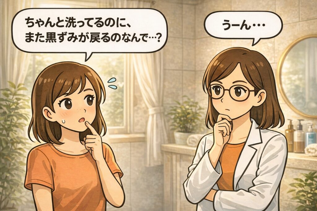 洗顔をきちんとしているのに黒ずみが何度も戻ってしまうことに悩む20代女性と、白衣で眼鏡の女性が原因を考えるイラスト。浴室を背景に、「ちゃんと洗ってるのに…」という疑問を通して、黒ずみが繰り返される角栓の構造的なリピート現象があることを示唆するアイキャッチ。