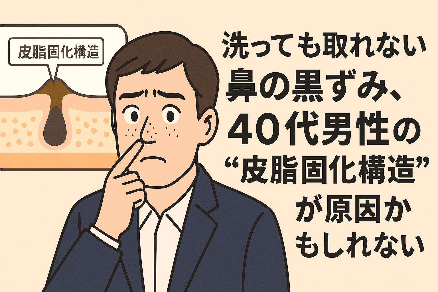 洗顔しても取れない黒ずみに悩む40代男性のイラスト。スーツ姿の男性が鼻を指差して困惑した表情を見せ、左上には「皮脂固化構造」と書かれた黒ずみ毛穴の断面図が描かれている。右側には「洗っても取れない鼻の黒ずみ、40代男性の“皮脂固化構造”が原因かもしれない」という太字のテキストが配置され、加齢による皮脂の変化が黒ずみの原因になることを訴求する構成。