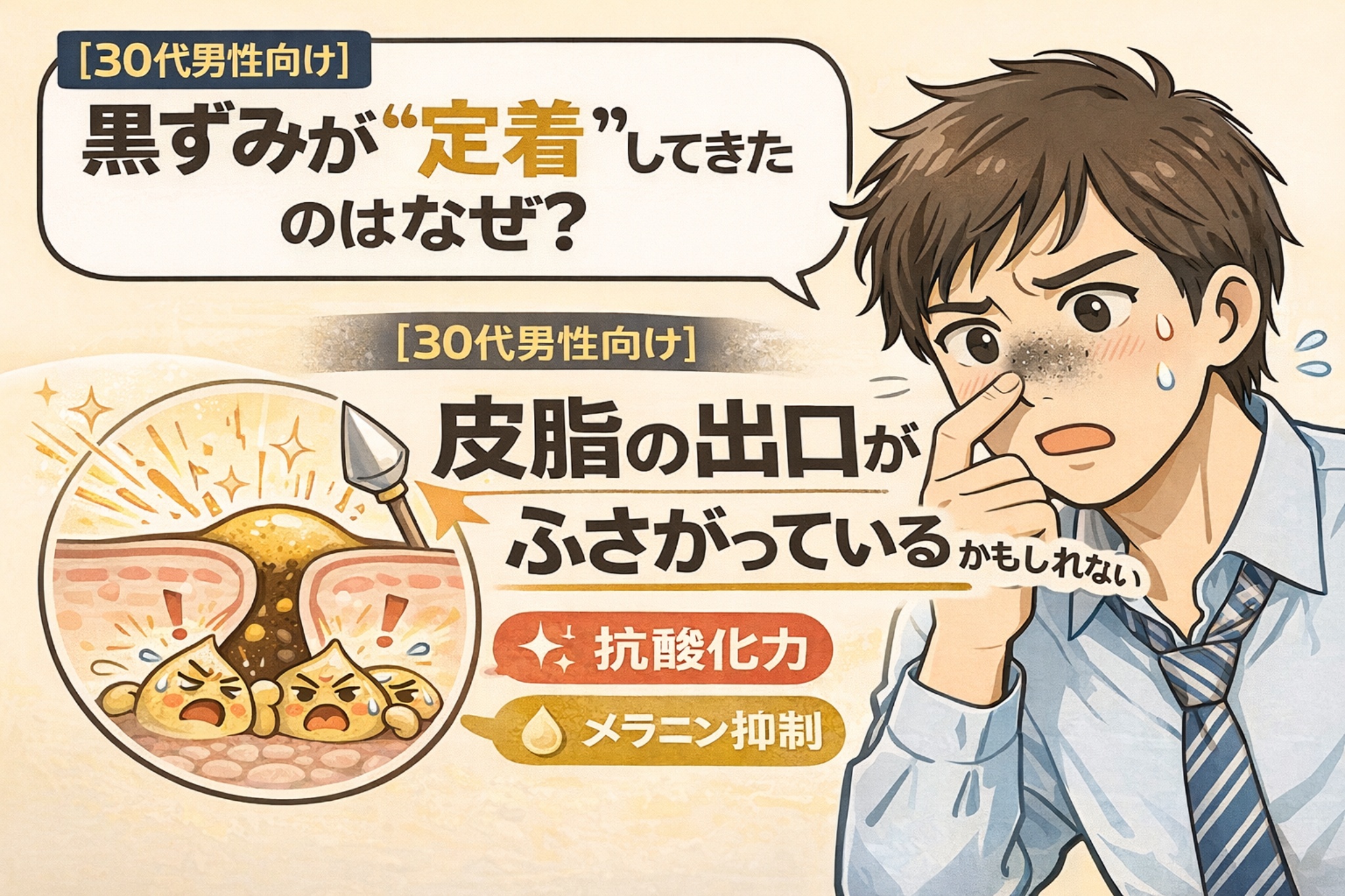 30代男性向けに、黒ずみが「定着」してきた理由を解説するイラスト。鼻の黒ずみを気にする男性の表情と、皮脂の出口がふさがり角栓が酸化・蓄積している毛穴断面図を描写。抗酸化力やメラニン抑制といった要素が、黒ずみ悪化に関係することを視覚的に説明している。