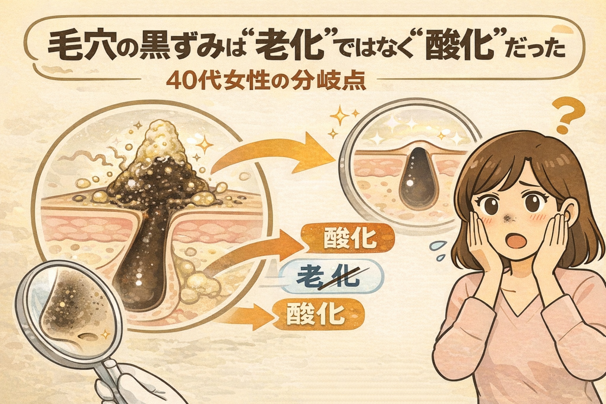 毛穴の黒ずみは加齢による老化ではなく、皮脂の酸化が原因であることを示したイラスト。40代女性が悩む毛穴の黒ずみを、毛穴断面の拡大図とともに「老化」と「酸化」を比較し、ケアの分岐点を分かりやすく説明している。