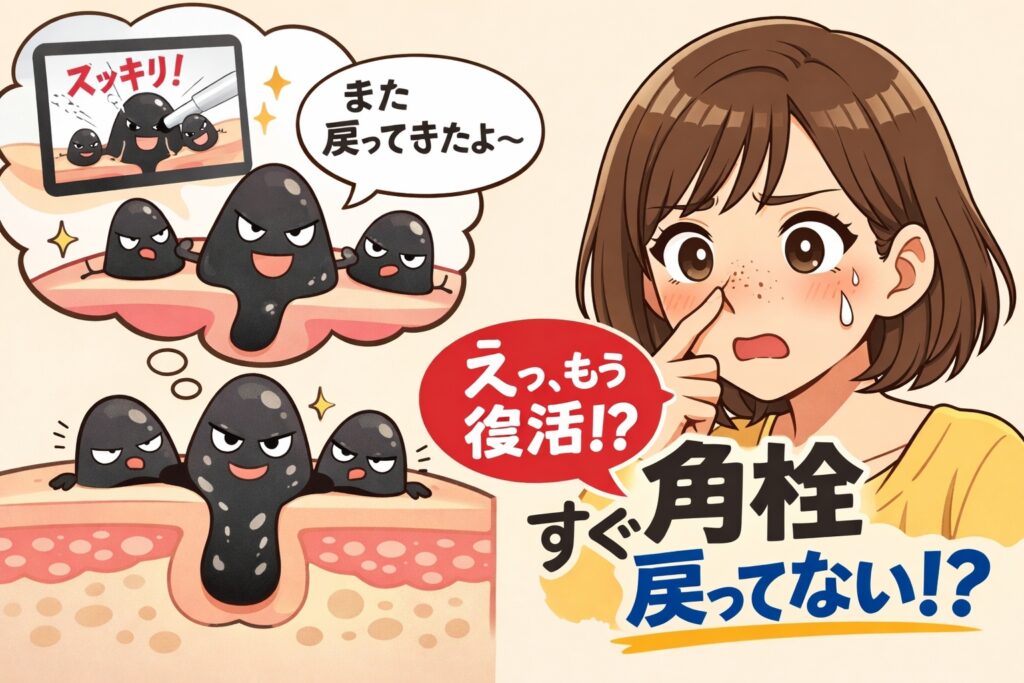 鼻の毛穴断面から黒い角栓キャラクターが再び現れ、「また戻ってきたよ〜」と話しかけているイラスト。鼻を指で押さえて驚く女性の表情と、「えっ、もう復活!?」「すぐ角栓戻ってない!?」という日本語テキストが配置され、角栓が再発したように見える理由を表現している。