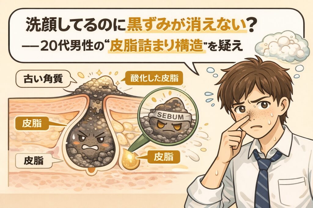 洗顔しているのに鼻の黒ずみが消えない20代男性の悩みを解説するイラスト。古い角質と酸化した皮脂が重なって毛穴に詰まる「皮脂詰まり構造」を毛穴断面図で表現し、拡大図では黒ずんだ皮脂（SEBUM）が強調されている。右側には鼻を気にして触れる若い男性が描かれ、黒ずみの原因が洗い残しではない可能性を示している。