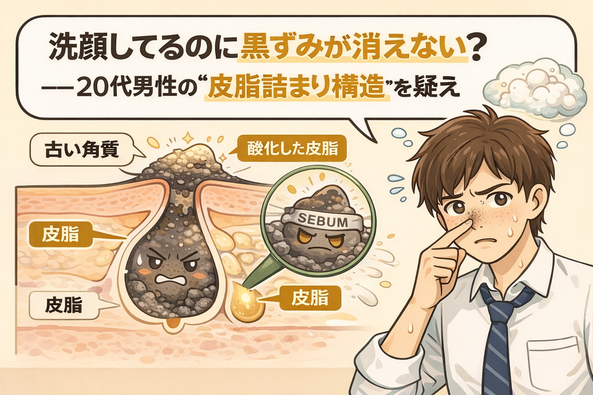 洗顔しているのに鼻の黒ずみが消えない20代男性の悩みを解説するイラスト。古い角質と酸化した皮脂が重なって毛穴に詰まる「皮脂詰まり構造」を毛穴断面図で表現し、拡大図では黒ずんだ皮脂(SEBUM)が強調されている。右側には鼻を気にして触れる若い男性が描かれ、黒ずみの原因が洗い残しではない可能性を示している。