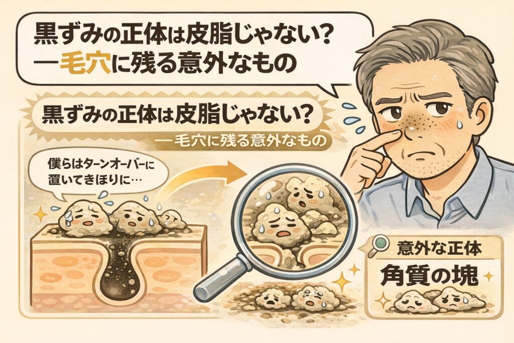 黒ずみの正体が皮脂ではなく、毛穴に残った角質の塊であることを解説したイラスト。ターンオーバーで剥がれるはずの角質が毛穴内に留まり、時間とともに黒く見える仕組みを、毛穴断面図と拡大図、黒ずみに悩む男性の表情で分かりやすく示している。